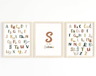 Woodland Alphabet Print in Bosnian & English Set of 3 | Forest Nursery | Personalized Nursery Room Wall Art | Gender Neutral Nursery Art