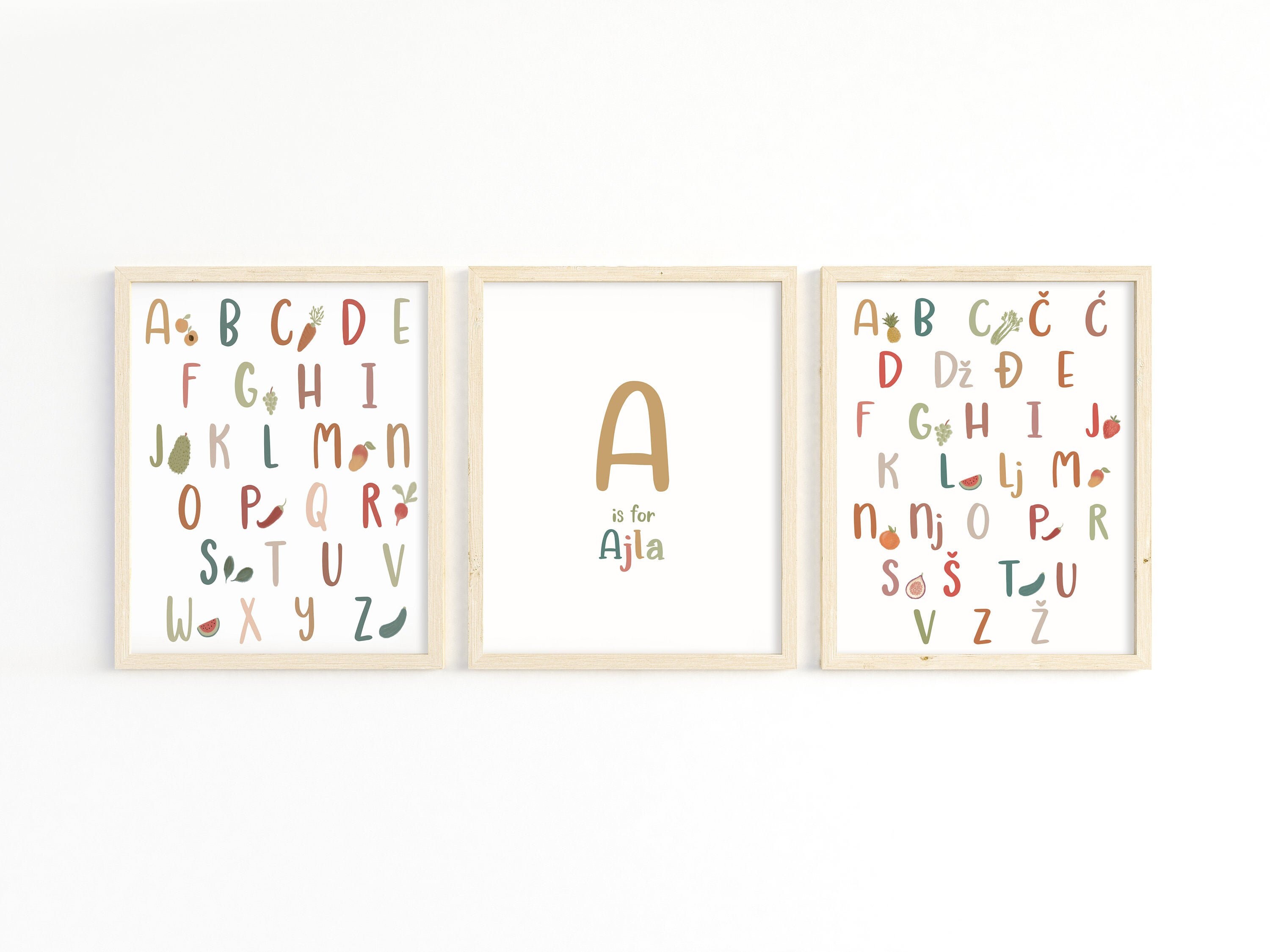 Fruit and Veggie Alphabet Print in Bosnian & English Set of 3 | Personalized Nursery Room Art | Gender Neutral Nursery Art