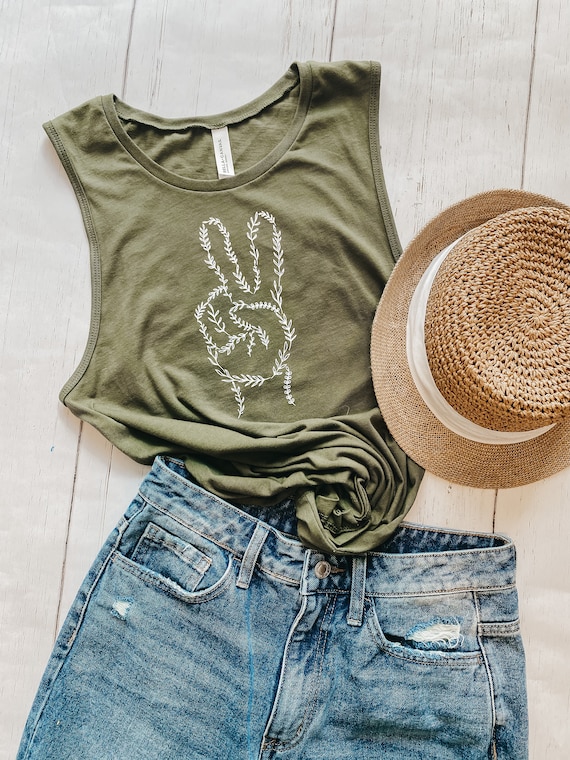 Peace Sign Muscle Tank in Size SMALL Color Military Green Hippie