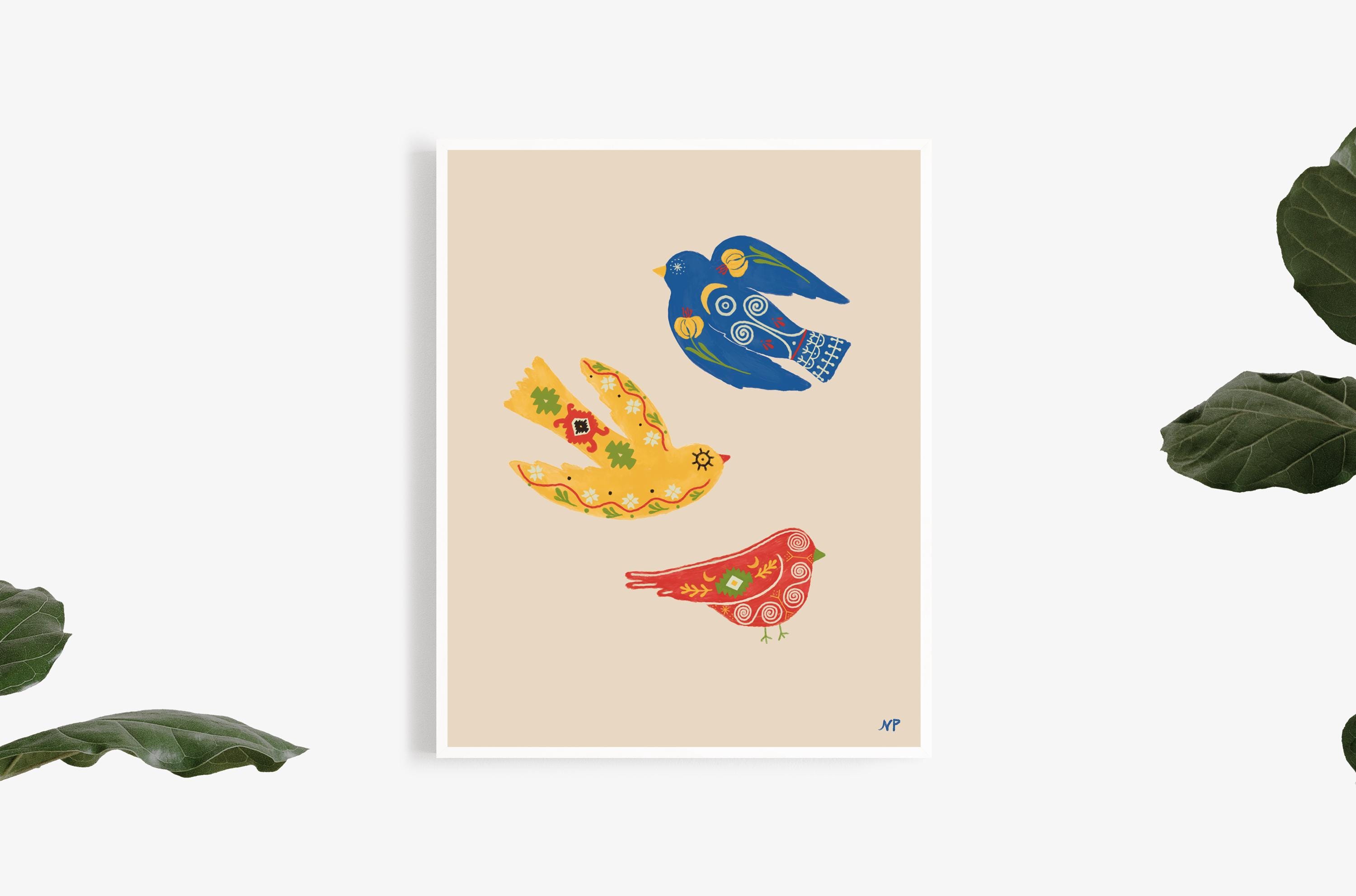 Bosnian Birds Art Print | UNFRAMED | Inspired by sicanje, cilim, Bosnian lily and the illustrations of stecak |