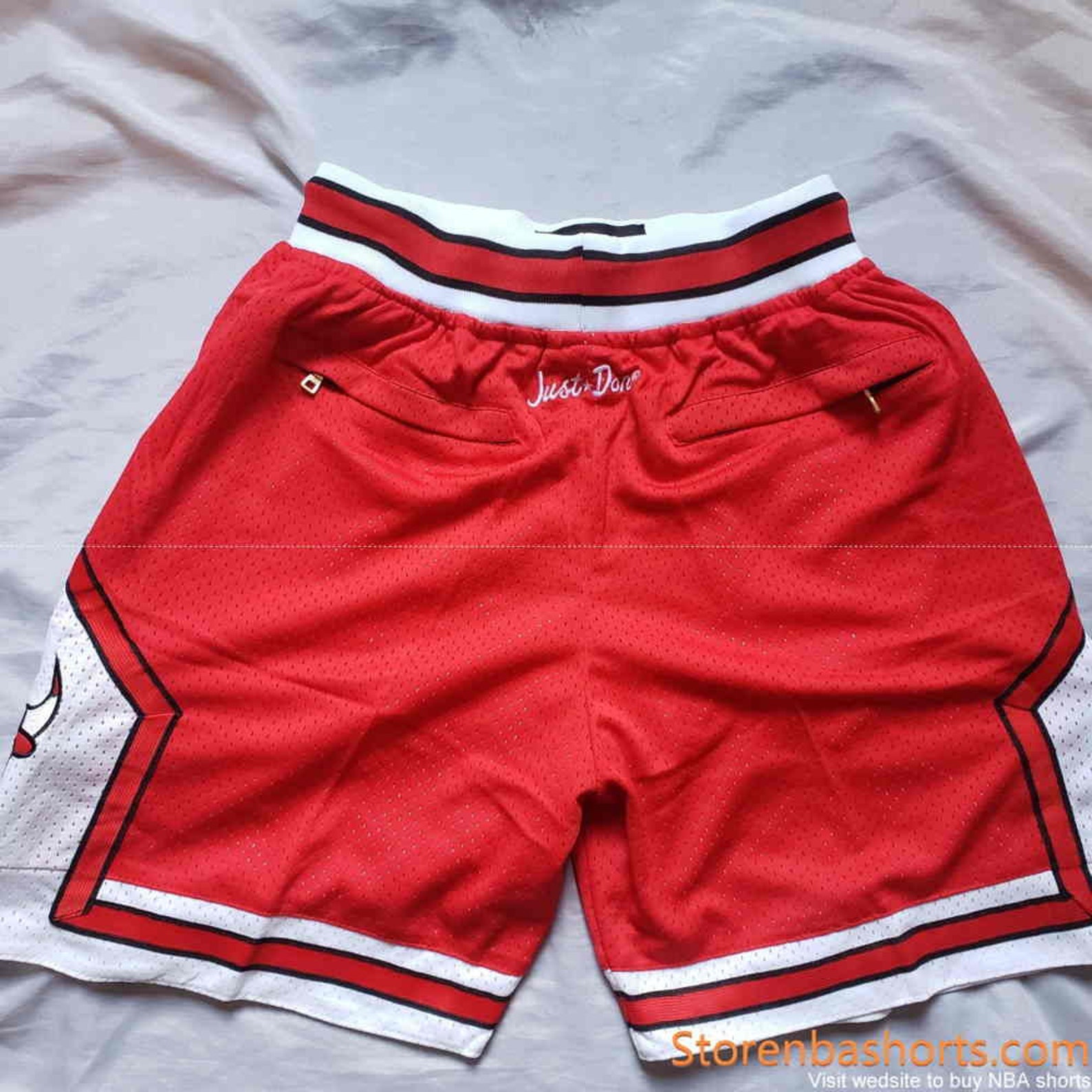 white and red bulls shorts