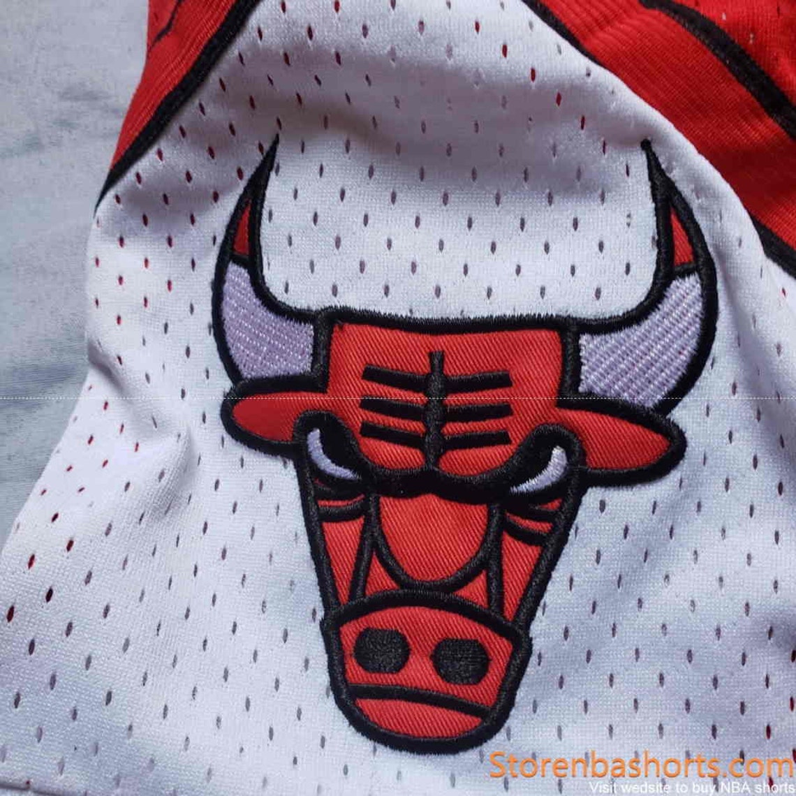 white and red bulls shorts