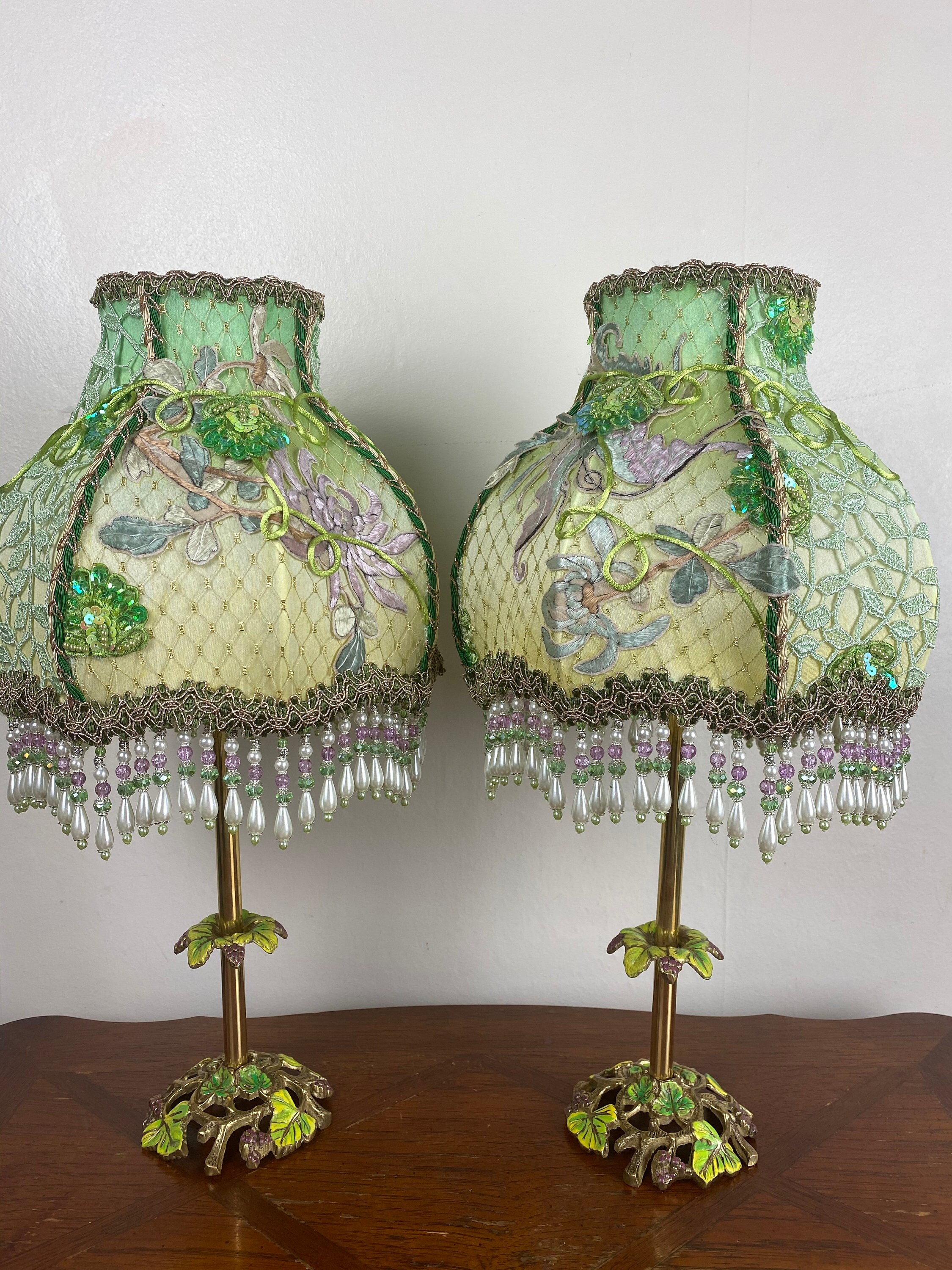 Emerald vines Pair beaded Table lamps Bedside lamps Green Etsy