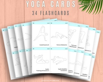Puede incluir: Un conjunto de 34 tarjetas de yoga con ilustraciones de diferentes posturas. Las tarjetas están etiquetadas con el nombre de la postura y el nivel de dificultad. Las tarjetas están impresas en papel blanco con líneas negras.