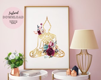 Buddha Meditating Spiritual Print, Buddha wall art, Yoga art, Zen Print, Yoga Studio Floral Print, Meditation Buddha print, Namaste Print