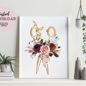 Floral Scissor Hairdresser Print Hair Stylist Gift Modern Salon Wall Art Poster Download Sign Esthetician Spa Beauty Decor Barber beautician