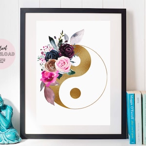 Ying Yang Símbolo Floral Impresión Póster Zen Arte Pared Arte Decoración Meditación Descarga Digital Instantánea Yoga Studio Decoración Espiritual Energía Positiva