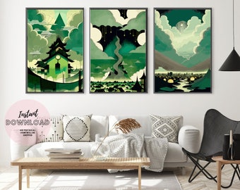 Set of 3 prints Architecture landscape Ink fantasy city painting Japan style emerald green oriental Asia Travel Poster Retro Vintage Art