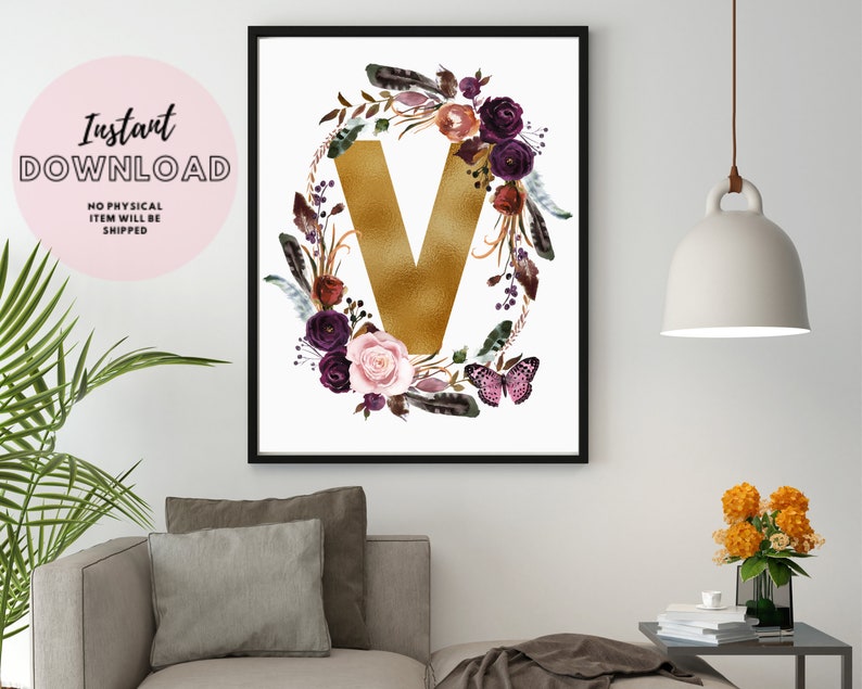 Initial Wall Art Flower Letter V Gold Nursery Print Sign Poster Printable Instant Download Monogram Floral Wreath D\u00e9cor botanical Alphabet