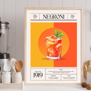 Przepis na Negroni Wydrukuj plakat Retro tematyczna kuchnia jadalnia Klasyczny koktajl Sztuka Bar Cart Wystrój estetyczny barman miksolog prezent Alkohol