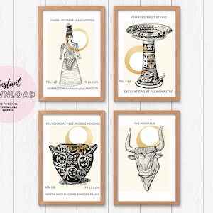 Set of 4 Prints wall art snake Greek Goddess, Minotaur ancient pottery Minoan aesthetic academia Poster Greece art Mythology Classic Retro