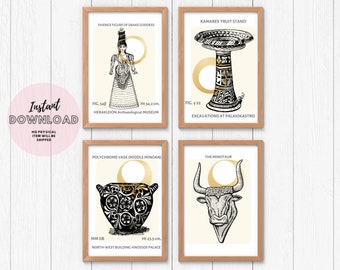 Set of 4 Prints wall art snake Greek Goddess, Minotaur ancient pottery Minoan aesthetic academia Poster Greece art Mythology Classic Retro
