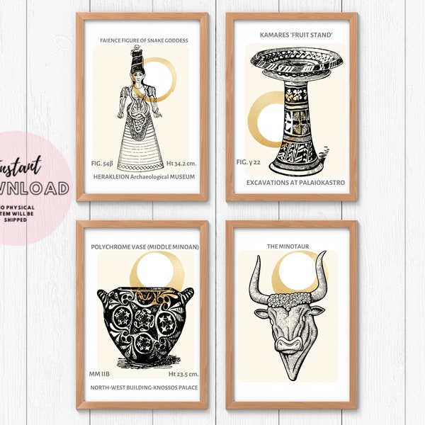 Set of 4 Prints wall art snake Greek Goddess Minotaur ancient pottery Minoan aesthetic academia Poster Greece art Mythology Classic Retro