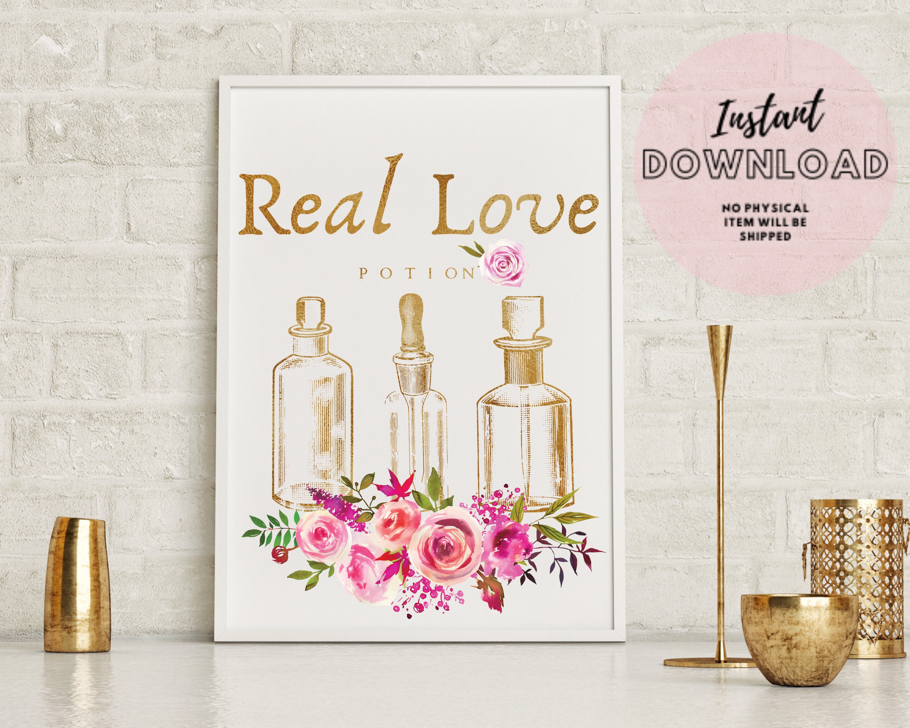Real Love Potion Print With Flowers Vintage Antique Apothecary Bottles ...