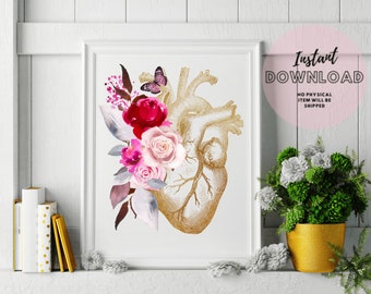 Heart Anatomy Poster, Human Heart Print With Flowers, Med Student Gift ...