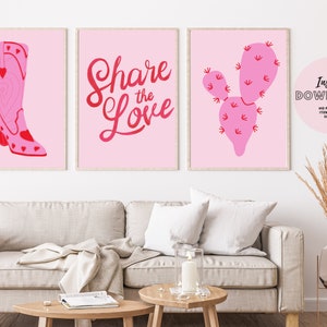 Gallery Wall Pink Share the Love Cowgirl poster set of 3 prints boots desert cactus rodeo western art printable trendy retro groovy cowboy