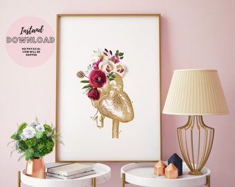 Floral Heart Anatomy Poster Surgeon Gift cardiology medical therapist clinic nurse cardiac Print Anatomical Cardiologist Office Decor Art