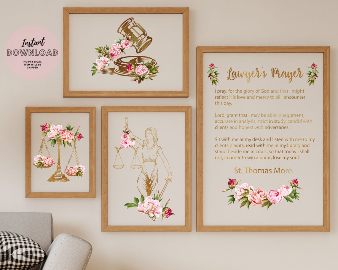 Gallery Wall Art Lawyer Office Decor Set of 4 Prints Lady Justice Gavel ...