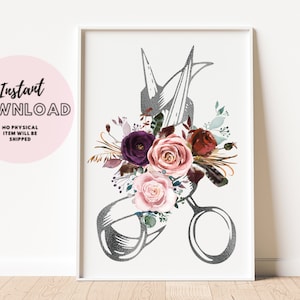 Floral Scissor Hairdresser Print Hair Stylist Gift Modern Salon Wall Art Poster Download Sign Esthetician Spa Beauty Decor Barber beautician