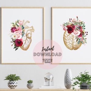 Heart and Brain Floral Anatomy Set of 2 Prints,  Doctor Office Decor, Medical flower Art Student  Gift, Physician instant download New