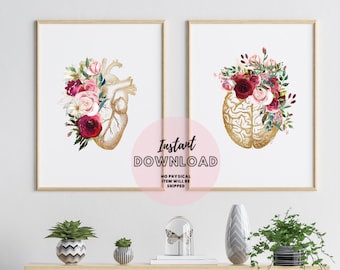 Heart and Brain Floral Anatomy Set of 2 Prints,  Doctor Office Decor, Medical flower Art Student  Gift, Physician instant download New