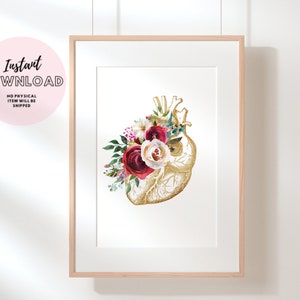 Cardiologist Office Decor Set of 3 Prints Floral Heart Anatomy Doctor ...