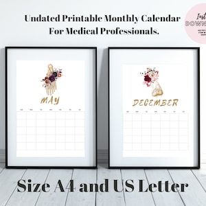 Undated Printable Monthly Calendar, Wall calendar perpetual, Human Anatomy blank yearly Doctor offices gift Medical Student Medicine School