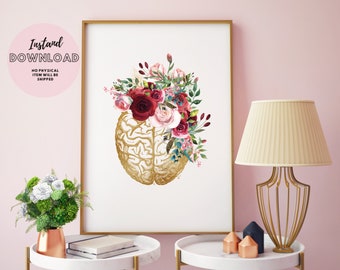 Psychologist Gift Nervous System Psychology Poster Psychiatrist Print Brain Anatomy with flowers mental health therapy wall  art decor.