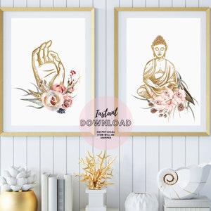 Sitting Buddha Meditating Mudra Hand Set of 2 Prints Wall Art Yoga art Zen Studio Floral Namaste printable meditation space holistic Poster