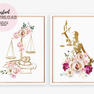 Lawyer Art Set Law School Graduation Gift Printable Attorney Lady of Justice Scales Of Justice Pass the Bar Student Office Decor Business
