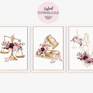 Lawyer Wall Art Set Law School Gift Attorney Lady of Justice Scales paralegal Gavel Student print Firm printable Office Decor solicitor pink