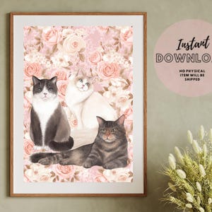 Three Cats Vintage Romantic Flower Poster Download Wall Art Print Printable Cute Home Decor Plant lover gift Kid room bathroom Botanical pet