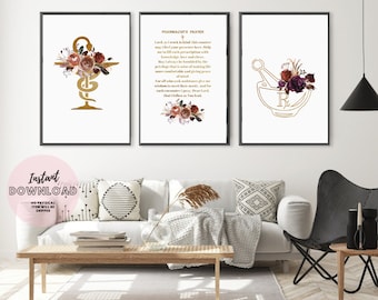 Farmacia TECH, arte de pared, decoración, juego de 3, impresión, cuenco de Hygeia, farmacéutico, estudiante, oración, símbolo de prescripción, Rx, mortero, maja, boticario, farmacia