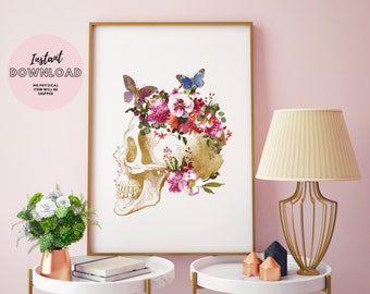 Floral Skull With Butterflies Print, Skeleton Anatomy Art  Medical Student Gift  Doctor Office Wall Art Skull Wall Decor Anatomy Poster