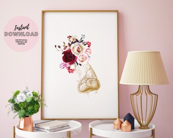 Anatomía de la nariz Impresión floral, otorrinolaringólogo Regalo Consultorio médico Regalo Audiología Pared Decoración Oído Nariz Garganta Estudiante Regalo Descarga instantánea Imprimible