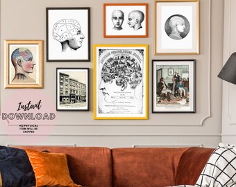 Set of 7 Retro prints Phrenology chart physiognomy neuropsychology art mental health medical clinical psychology human brain Psychiatrist