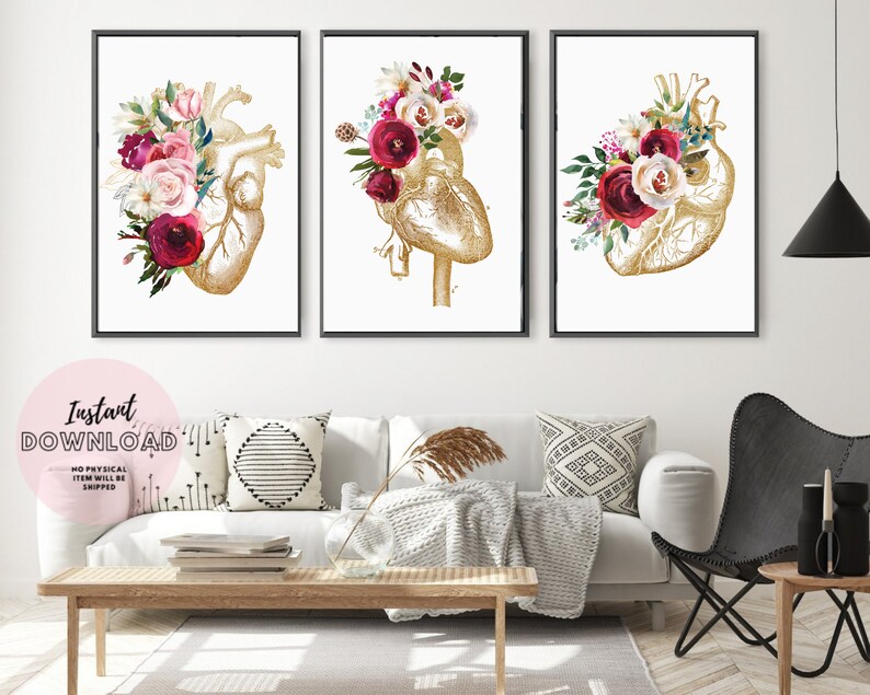 Cardiologist Office Decor Set of 3 Prints Floral Heart Anatomy Doctor ...