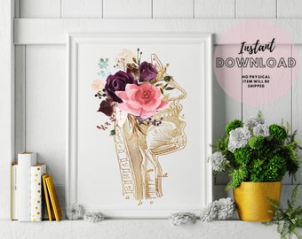 May include: A printable art print featuring a vintage anatomical illustration of the human head and neck, adorned with a floral arrangement of pink and purple roses, green leaves, and gold accents.