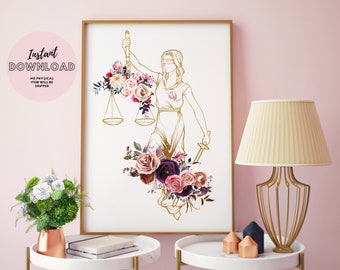 Lawyer Office Decor Lady Justice Floral Print Passing The Bar Exam Gift Law School Student Professor criminal art Attorney Future business