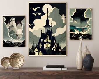 Set of 3 prints Architecture landscape Ink fantasy city painting Japan style green dark oriental Asia Travel Poster Retro Vintage Print Art