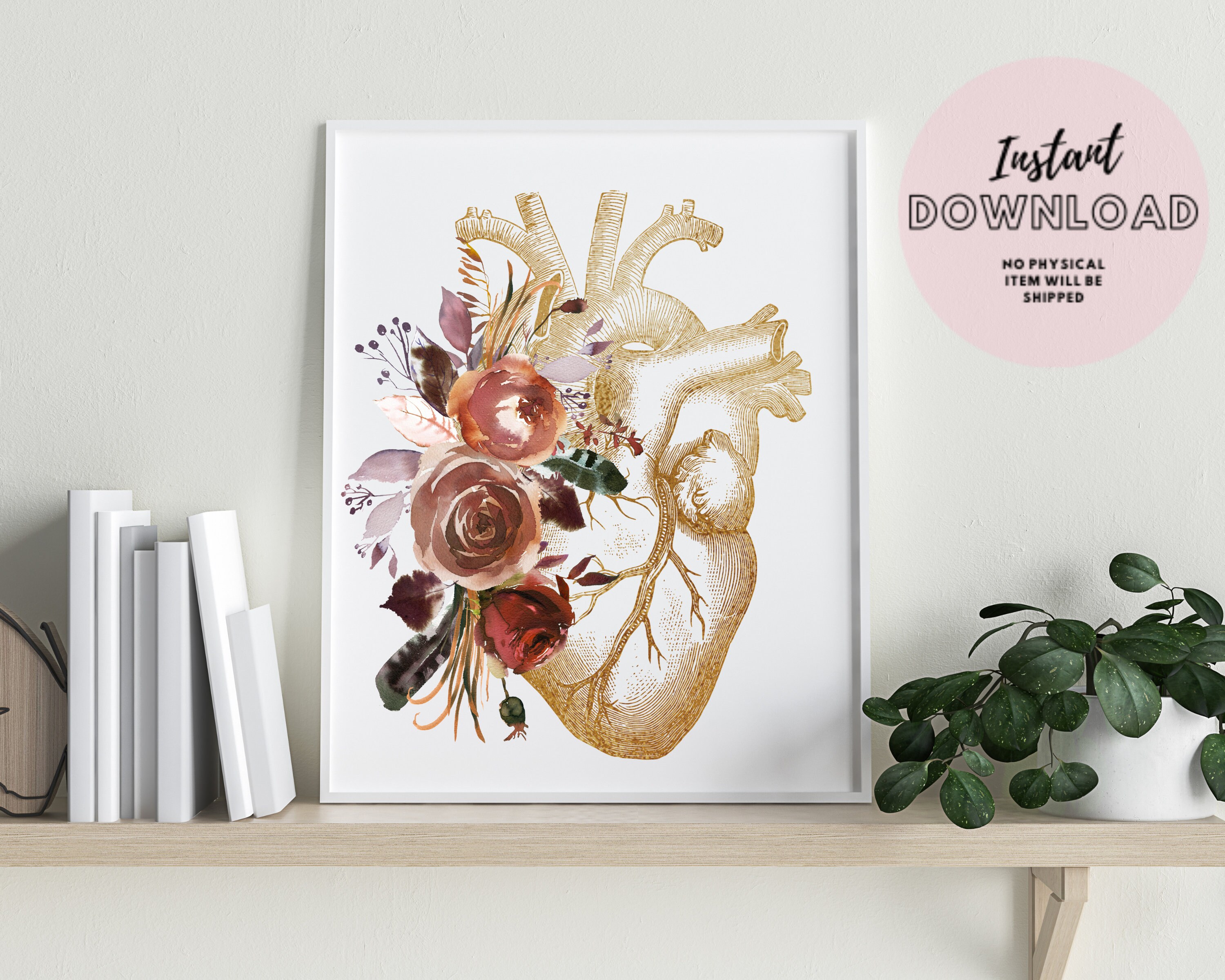 Floral Anatomical Heart Surgeon Print with Boho Flowers Etsy