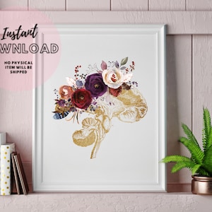 Brain Stem Floral Anatomy Art Therapist Gift Psychology Psychologist Office Poster Therapy room Decor Anatomical Brain Download Neurologist