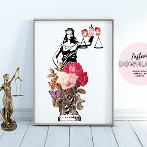 Blind Lady Justice Statue Floral Print THEMIS GREEK MYTHOLOGY Poster Flower Art Law Firm Office Decor Attorney Judge Paralegal Pass the Bar
