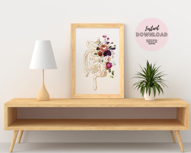 May include: A printable digital download of a gold anatomical illustration of the human intestines with a watercolor floral bouquet in shades of pink, purple, and red.