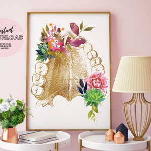 May include: A printable art print featuring a gold anatomical illustration of a human jaw with watercolor flowers and greenery.