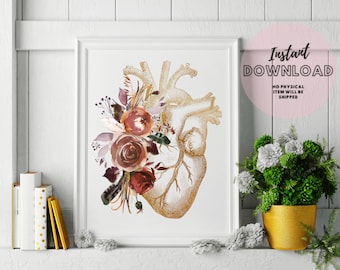 Floral Anatomical Heart Surgeon Print with Boho Flowers Printable Wall art Decor Cardiac Nurse Gift Medical Student Graduation Cardiologist