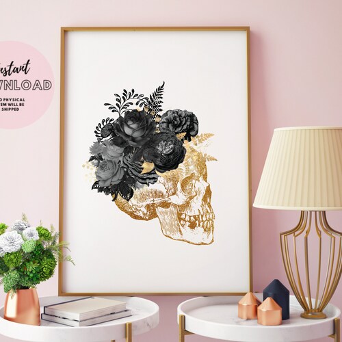 Floral Skull Art Print Black and White Skull Poster Flower Etsy