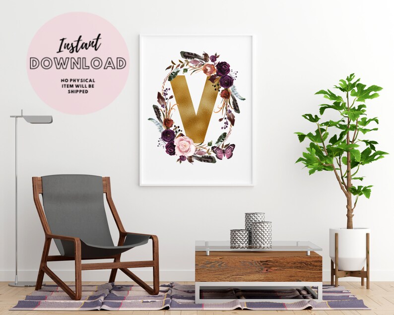 Initial Wall Art Flower Letter V Gold Nursery Print Sign Poster Printable Instant Download Monogram Floral Wreath D\u00e9cor botanical Alphabet