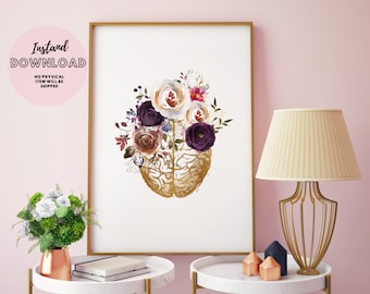 Vintage Brain Poster with flowers, Psychologist Office Decor Psychiatric Occupational Therapy Assistant Psychology Student Gift Floral Brain