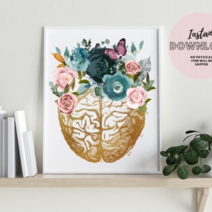Floral Anatomical Brain Print Printable Wall art Decor Gift Medical Student Graduation Psychologist Mental Health Behavioural Counselor